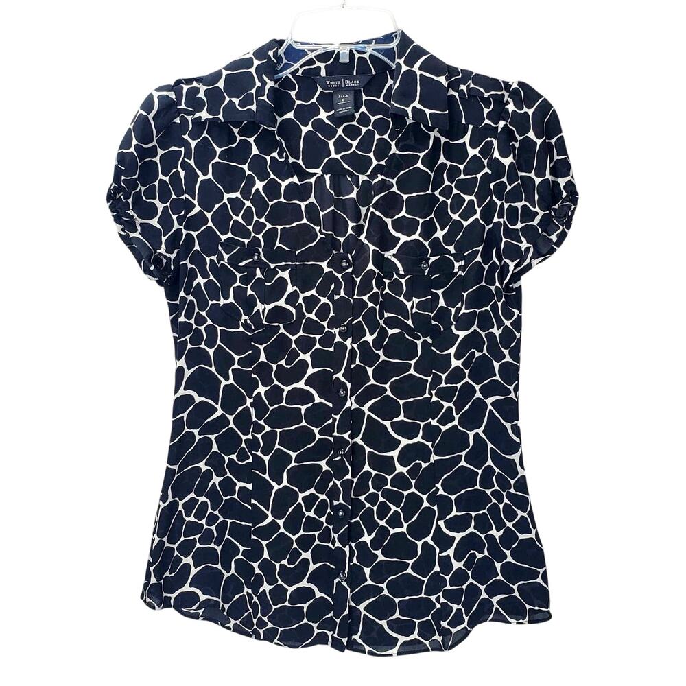 WHBM Pure Silk Fitted Blouse Size XS Black White Animal Print Top Button Summer